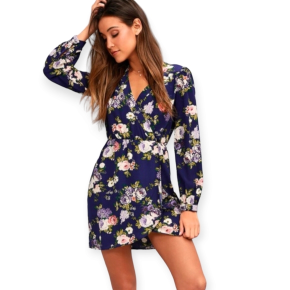 Honey Punch/Lulus That's A Wrap Navy Blue Floral Print Dress - Picture 1 of 8